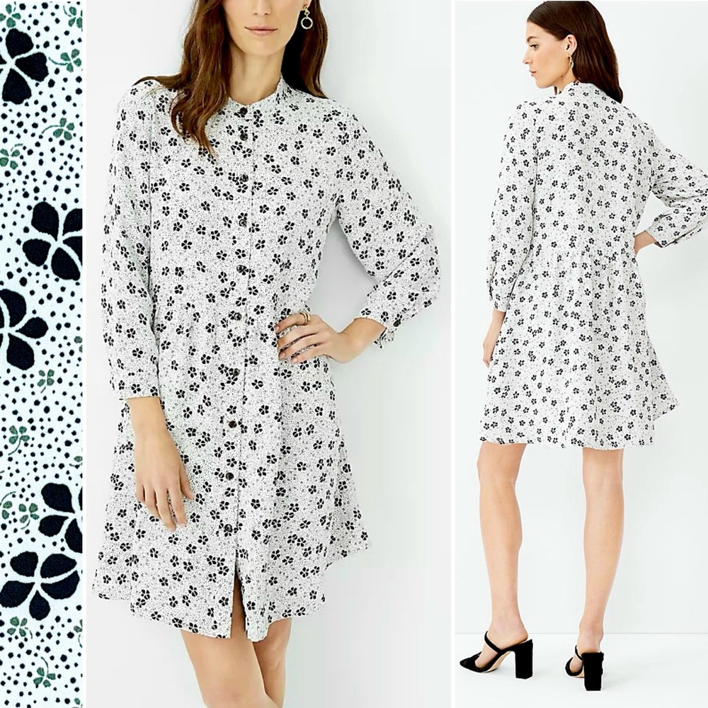 Ann Taylor Shirt Dress Floral Georgette Button Front Neck Shirred Skirt Large